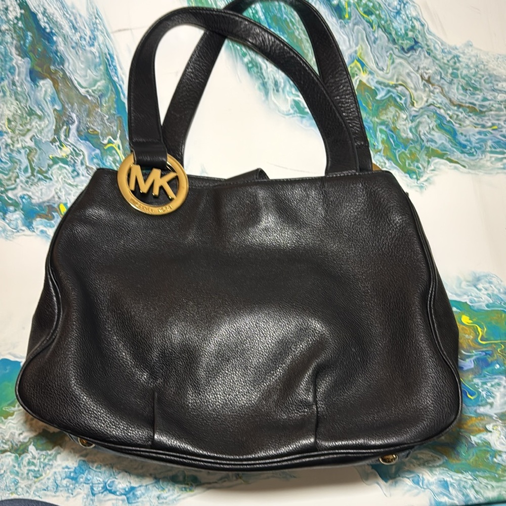M KORS SOFT LEATHER BLACK Tote Bag with Gold Hardware SOFT